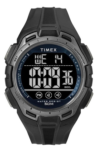 Reloj Hombre Timex Digital Con Luz Alarma 43 Mm Tw5m638009j Correa Negro Bisel Gris oscuro Fondo Gris