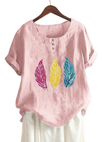 Camiseta Casual Holgada Con Estampado De Hojas En Mezcla De