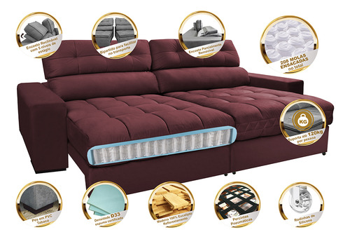 Sofá Retrátil e Reclinável com Molas Ensacadas Cama inBox Master 2,32m Tecido Suede Vinho