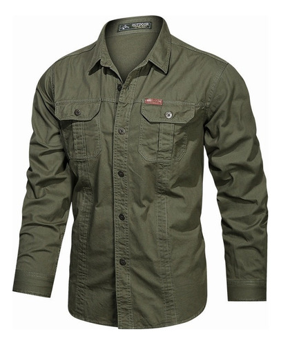 * Camisa Militar De Manga Larga For Hombre Con Botones