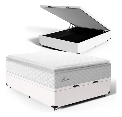 Cama Box Baú Casal + Colchão Molas Ensacadas C/ Pillow Top Cor Branco