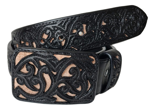 Cinto Vaquero, 100%piel Negro Calado Y Cincelado Artesanal Negro Rameado 34
