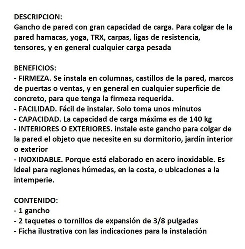 Imagen 5 de 5 de Gancho Para Pared Uso Rudo Hamaca Carpa Trx Tensores Yoga L2