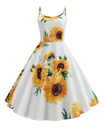 Vestido Sin Mangas Para Mujer Estampado Girasol Vintage Jh