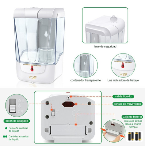 Imagen 3 de 8 de Dispensador Automático De Jabón De Gel Antibacteriano De 700