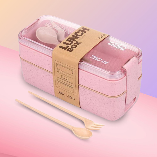Lonchera Escolar Doble Compartimento Almuerzo Con Cubiertos Incluidos Fasilyt Color Rosa