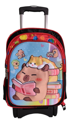 Mochila Primaria Capibara Para Niña Y Niño Con Llantas. Combo 3 Piezas Con Lonchera Y Lapicera
