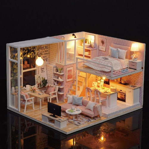 Madera 1/24 Miniatura Casa De Muñecas Led Luz Muebles Muñe