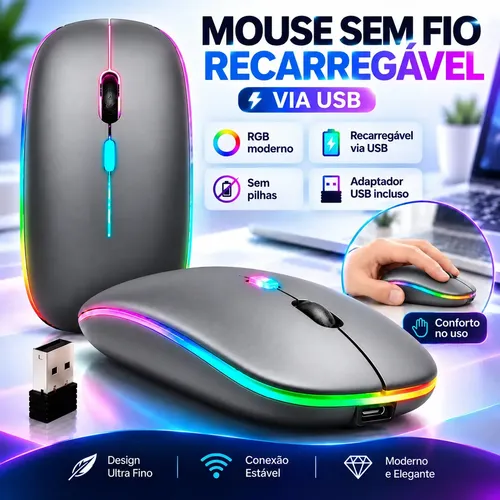 Mouse Sem Fio Recarregável Wireless Bluetooth Optico Led Rgb Ergonômico Para Pc Desktop Notebook Tablet Smartphone Cinza: imagem 2