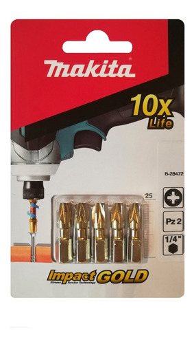 Imagen 2 de 5 de Set 5 Puntas Atornilladoras Pz2 Makita I Gold 25 Mm B-28472