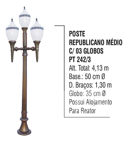 Poste Republicano Médio C/ 03 Globos Praças Jardins