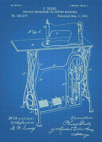 Pôster Retrô Sewing Machine 1891 Design- Decor 33 Cm X 48 Cm