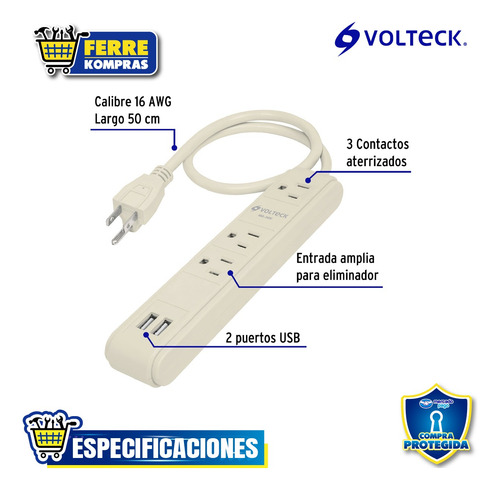 Supresor Picos 3 Entradas Con 2 Puertos Usb Voltech 46089