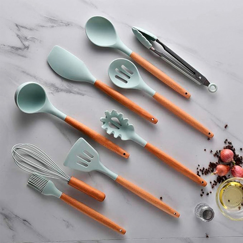 Set Utensilios Cocina Silicón Y Mango De Madera 12 Pzs Ment Color Verde Claro