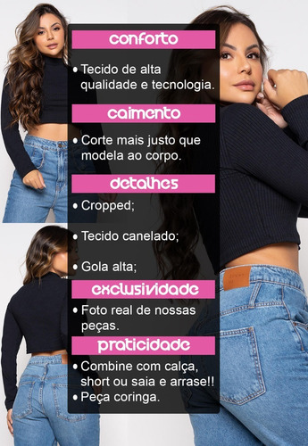 Imagem 8 de 10 de Camiseta Manga Longa Gola Alta Cropped Canelado Feminino