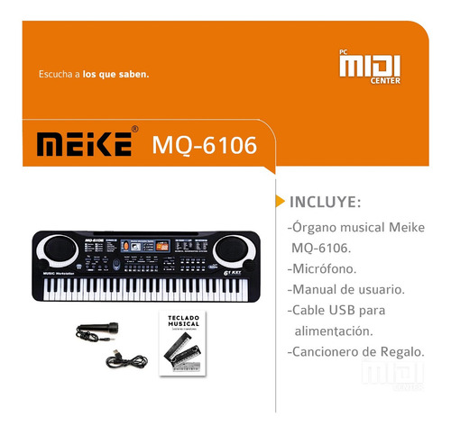 Imagen 3 de 10 de Organo Teclado Musical Infantil Microfono Mq6106 5 Octavas