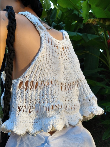 Remera Top Tejida Artesanal Algodon/saten Boho Crochet