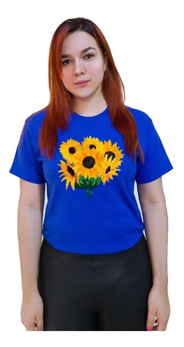 Polera Dama Estampada 100%algodon Diseño Ramo Girasoles