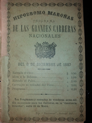 Programa Carreras Nacionales Hipodromo Maroñas 1887