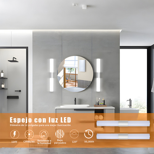 Lámpara Pared Espejo Baño 40cm Led, Luz Blanca Y Luz Cálida
