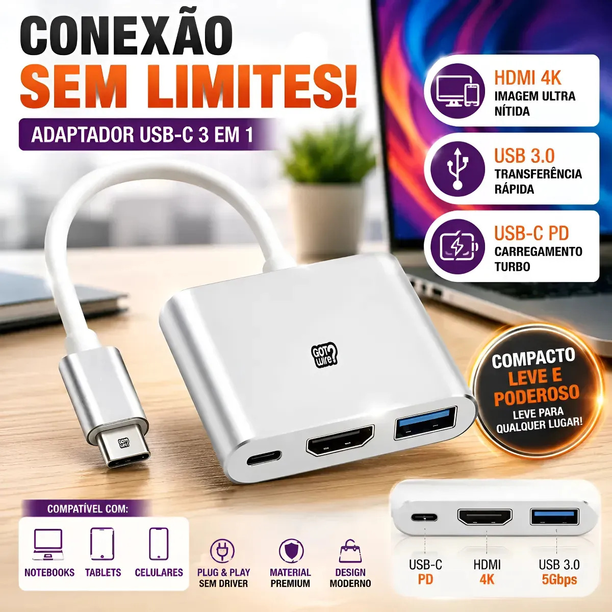 Adaptador USB Tipo C para HDMI 4K com USB 3.0 e Carregador PD da GotWire?