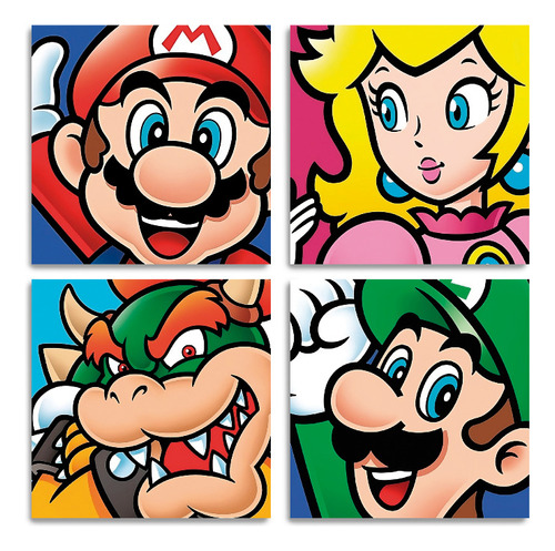 Set De 4 Cuadros Modernos Mario Luigi Peach Bowser