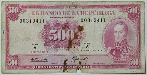 Billete 500 Pesos 07/ago/1973 Colombia F-vf 