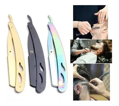 Porta Navaja Metálico Barbero Corte Afeitado + 10 Navajas Color Dorado