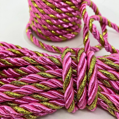 Cordão São Francisco Rolo Com 10 Metros 6mm Rosa C/ Dourado