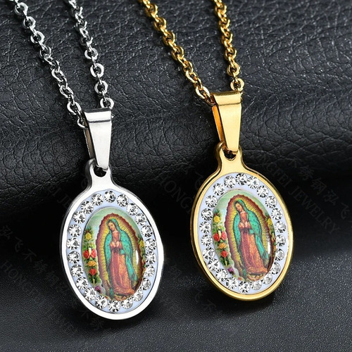 Collar Acero Inoxidable Virgen Guadalupe Dorado Zirconia