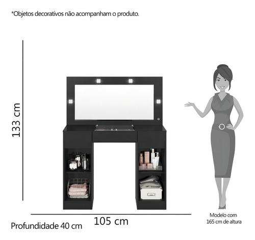 Penteadeira Camarim Studio Com 3 Gavetas E 2 Portas - Preto