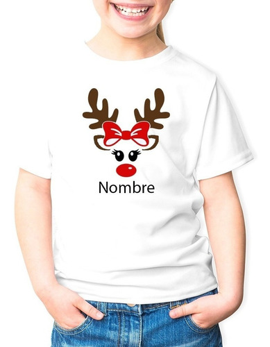 Polera Navidad Reno Personalizada 100% Algodon Niña