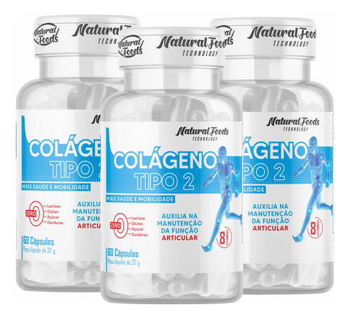 3x Colageno Tipo 2 + Vitaminas Joelho E Articulação 60 Caps