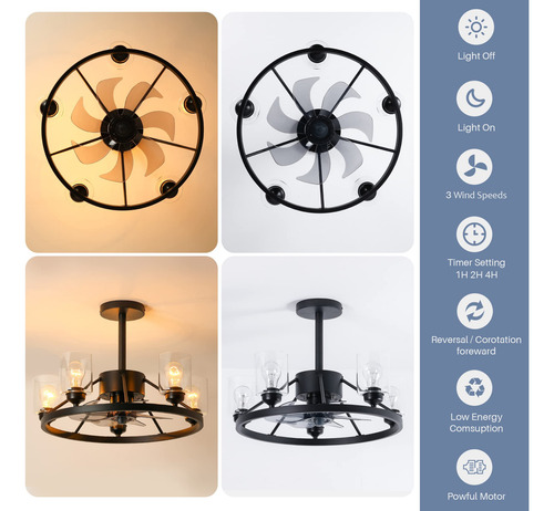 Ventilador De Techo Negro Moderno 7 Aspas Luces Y Control