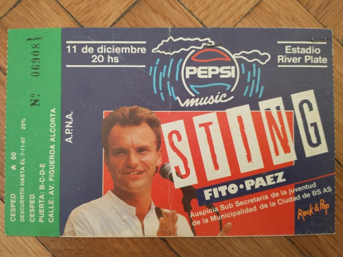 Ticket Original Concierto Sting En Argentina (1987)