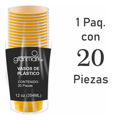 Vaso De Plástico Desechable 12oz Granmark - 20 Piezas Color Amarillo