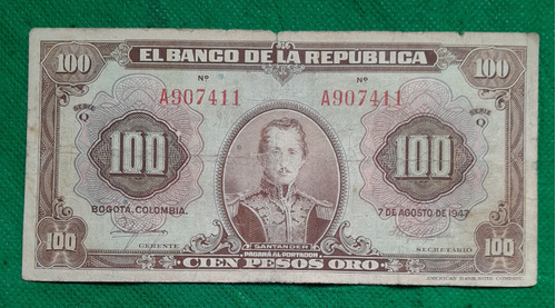 Billete De 100 Pesos Año 1947, 6 Digitos Estado F. No 7411