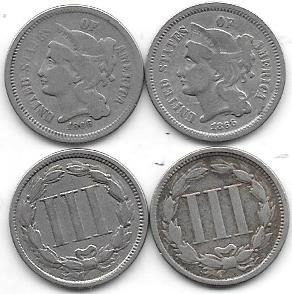 Moneda Estados Unidos 3 Centavos Año 1866 Muy Buena-