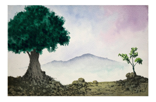 Acuarela Paisaje Árbol Piedras Neblina Arte