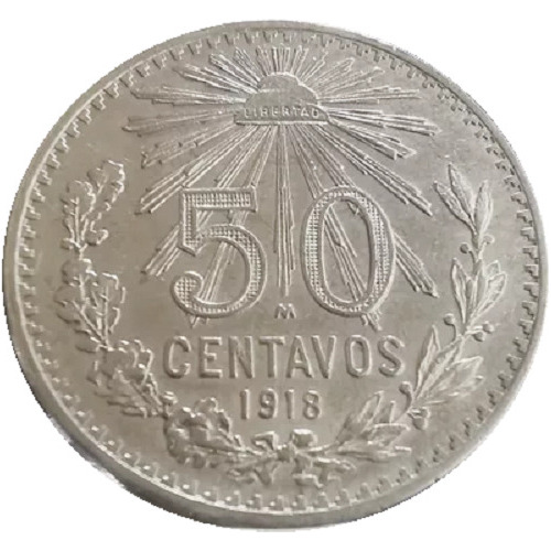 Moneda 50 Centavos Resplandor 1918 Plata Ley .800 Cospel Grd