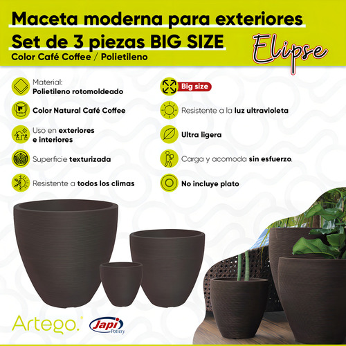 Macetas Modernas Set De 3 Piezas Big Size Para Exteriores Grande Elipse De Polipropileno Ultra Ligera Artego Japi