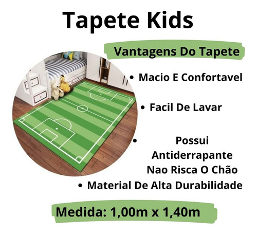 Tapete Belga Divertido Quarto Menino Campo Futebol Verde