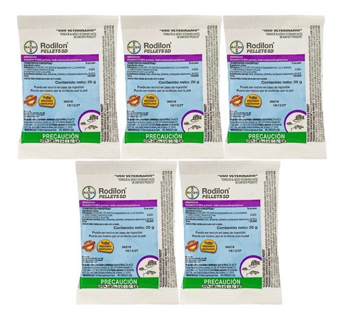 5 Sobres 25 Gr. Rodilon Pellets Cebo Seca Ratas Y Ratones