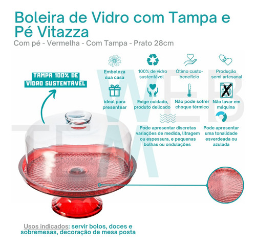 Kit 2 Boleiras Com Pé E Tampa De Vidro Vermelha Vitazza Bolo