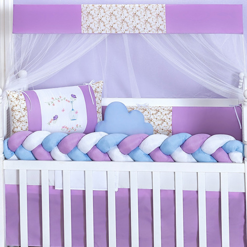 Kit Berço Trançado Ursa Menina Rosa 11 Peças Com Saia Cor Lilás