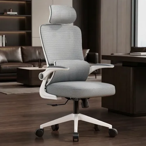 Cadeira Escritório Ergonômica Giratória Ajustável Delin Vertex Cinza Em Mesh Com Suporte Lombar Malha