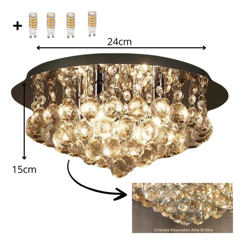 Lustre Dourado Cristal Legitimo Base Dourada + Leds Quente
