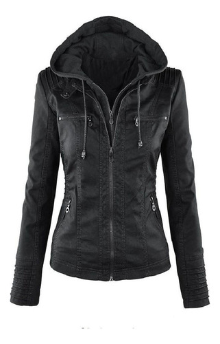 Chaqueta De Cuero Con Capucha For Mujer Talla Grande