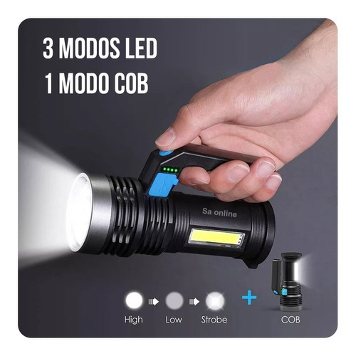 Lanterna Led Alto Brilho Usb Recarregável Resistente C/alça