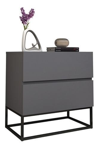 Mesa De Cabeceira Eros 45 2 Gavetas Exclusivo Base Preta Cor Cinza/preto